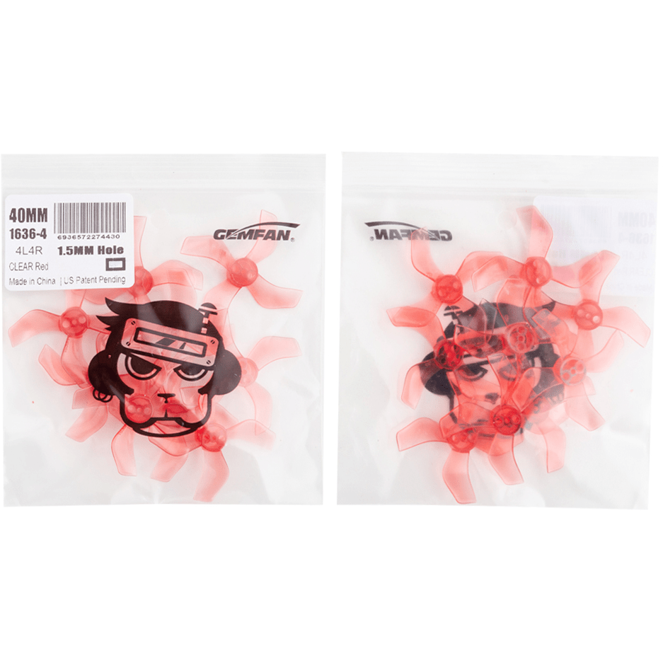 GEMFAN Prop Clear Red Gemfan 1636 Durable Quad-Blade 40mm Micro/Whoop Prop 8 Pack (1mm Shaft) - Choose Your Color